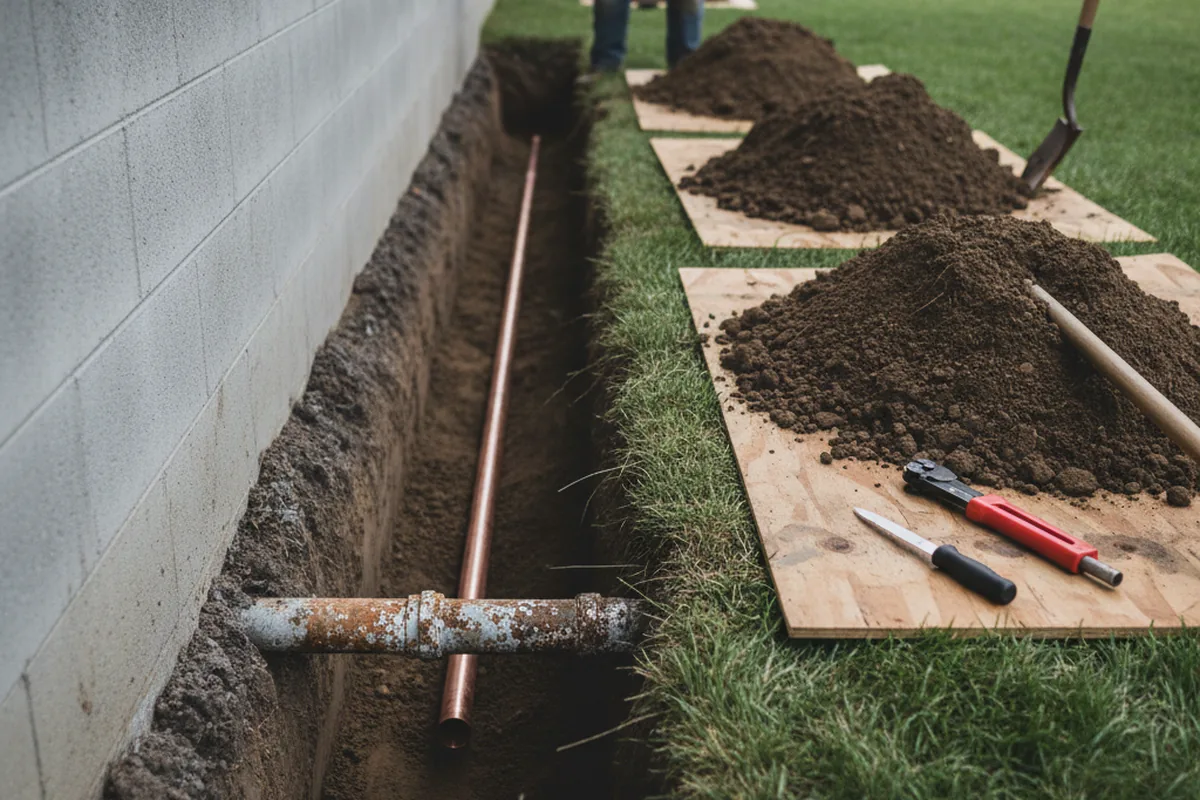 Excavated water line trench during Water Heater Repair in Harris